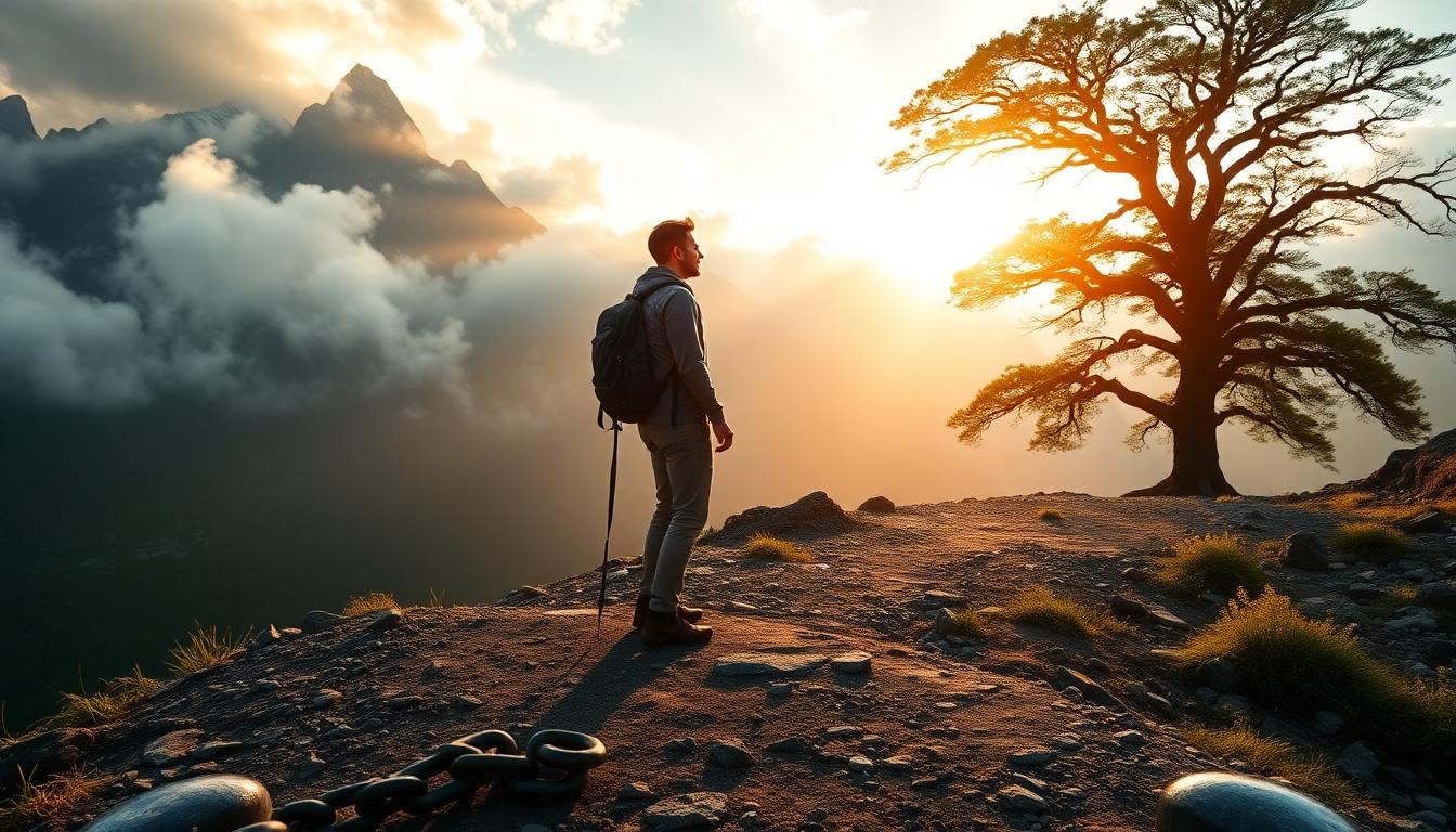 solitary figure crossroads mountain dawn