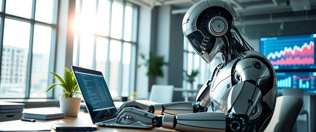 Kinh nghiệm tạo video quảng cáo VSL (với AI) khi làm affiliate marketing 5 futuristic ai writer modern office